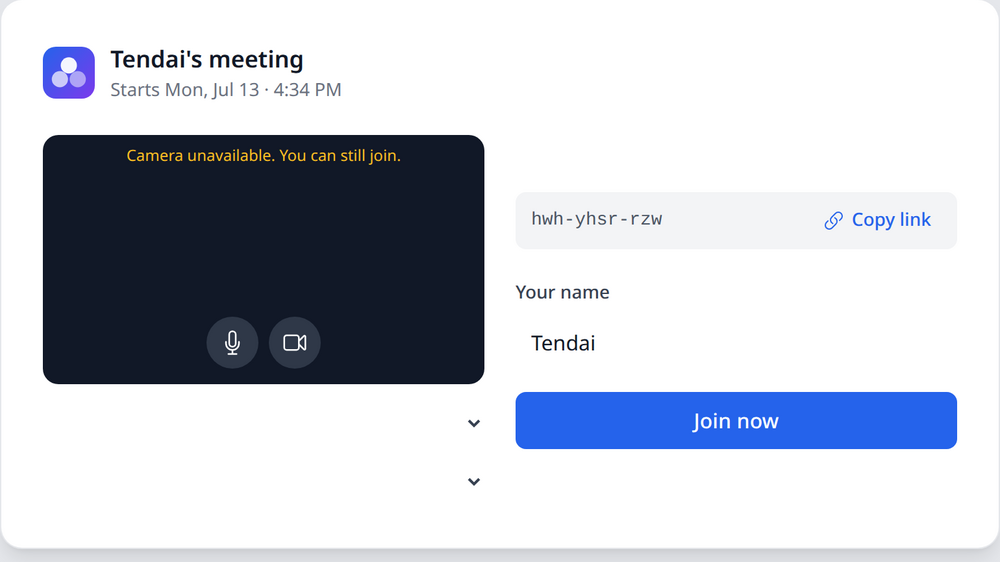 The call room pre-join screen showing the meeting name, join code, and a Join now button