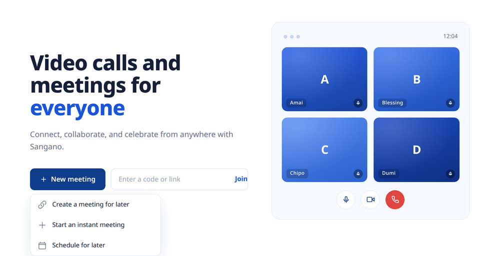 The Sangano home screen with the New meeting menu open, showing options to start now, schedule, or create a link for later